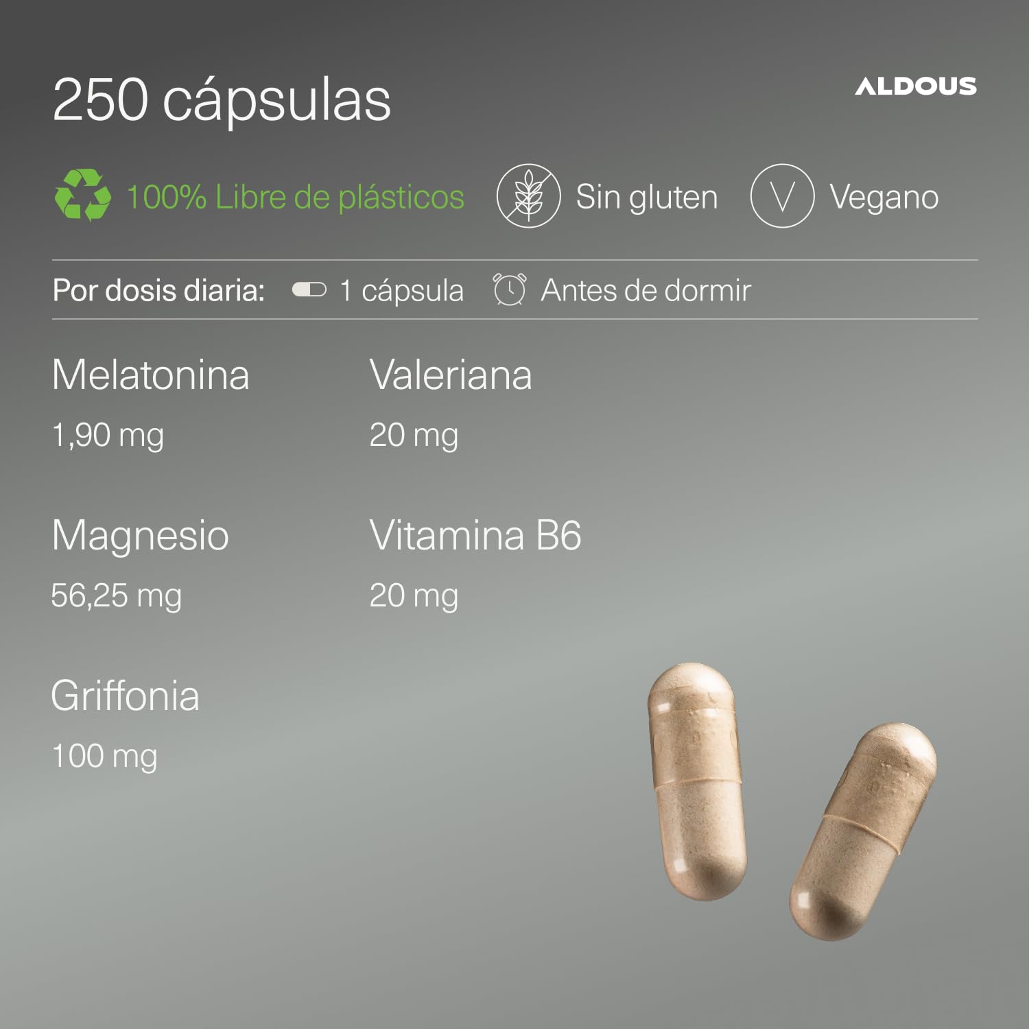 Melatonina Pura 1,9 mg con Magnesio - 250 Cápsulas para +8 meses - Pastillas para dormir bien - Ayuda a conciliar el sueño profundo - Insomnio, Cansancio - Con 5HTP, Valeriana, Vitamina B6 - ALDOUS