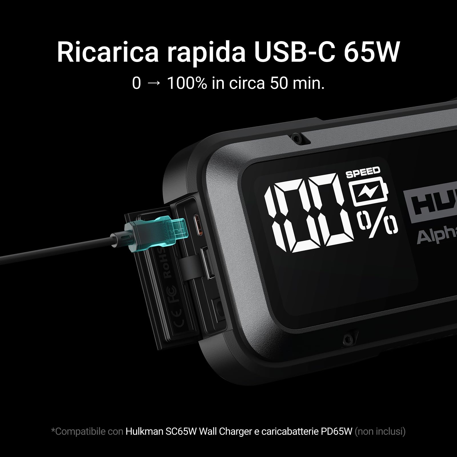 Hulkman Alpha Pro, nero solido. Avviatore smart per batterie 1500A, 44.4Wh. Con display LED 3.3". Batteria portatile auto, carica e scarica PD65W, 12V. Adatta per motori a gas 7.5L e diesel 4.5L