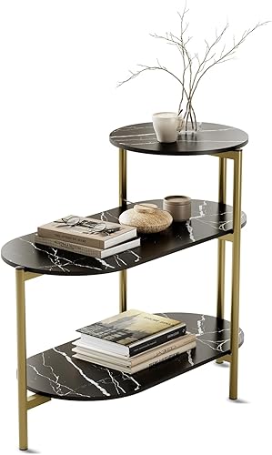Mesa auxiliar, mesa auxiliar de metal de mármol sintético, mesita de noche moderna de mármol de 3 niveles para sofá, sala de estar y dormitorio