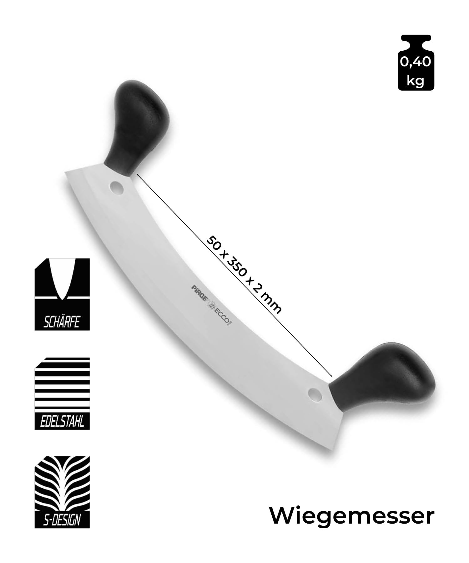 Pirge Ecco Wiegemesser für Fleisch 35 cm Einschneidig Kräutermesser Pizzaschneider - Fleischermesser - Edelstahl Profi Küchenmesser Pizzamesser - Ergonomisches Kunststoff Griffdesign