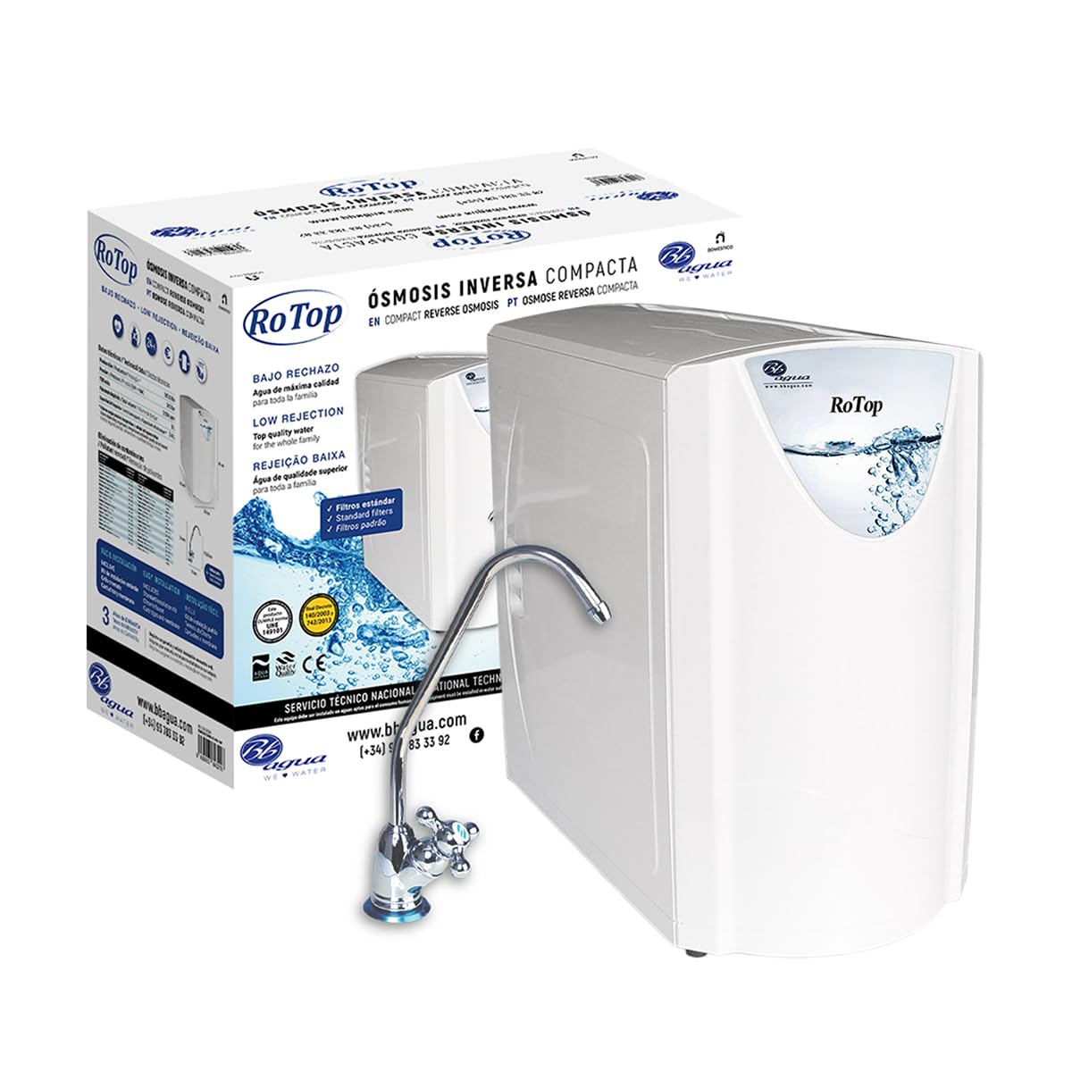 RoTop. Equipo de Osmósis Inversa Doméstica Compacta 5 Etapas con filtros estandar. Fácil Instalación bajo encimera y Sustitución. Bajo rechazo. Bbagua.