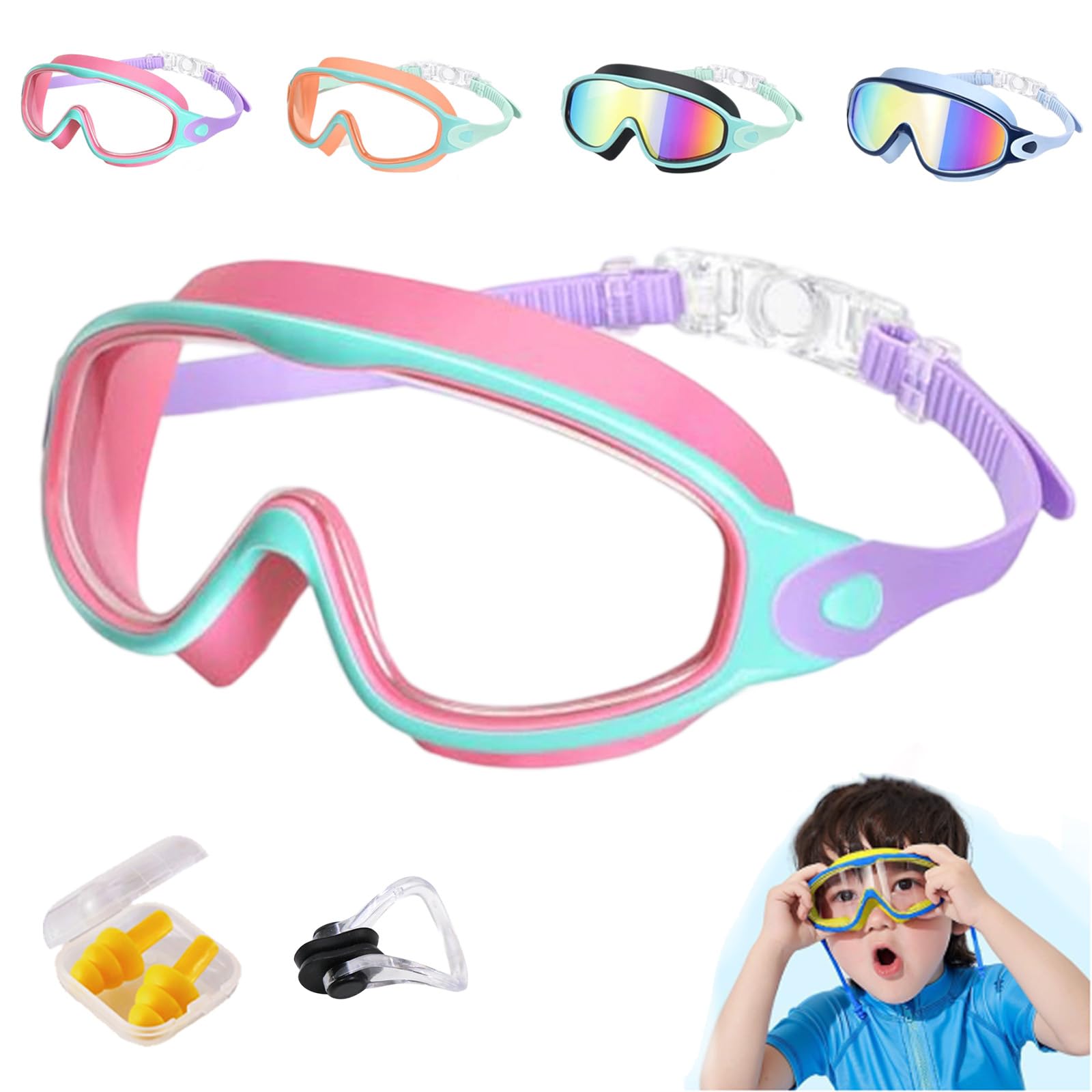 HItianya My Cool Summer Goggles, No Leaking Swim Glasses for Men Women Youth, Waterproof Anti-Fog Kids Swimming Clip on Goggle with Ears Plugs Attached for Junior Boys Girls (Pink Green)