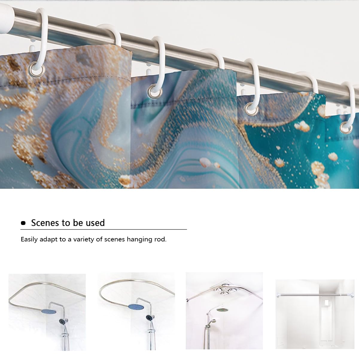 Rideau de douche salle de bain marbre coquillage turquoise W180xL180 cm