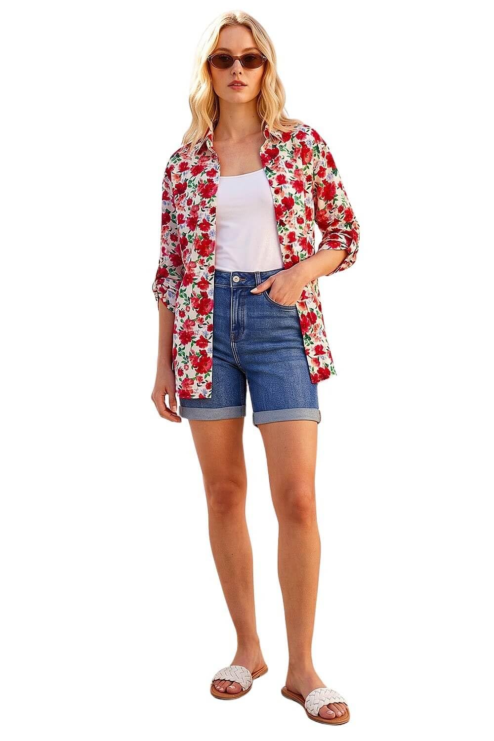 Roman Women's Floral Collared Tab Sleeve Shirt in Red | Size: 14