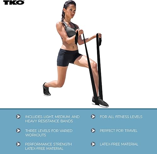 Miniatura 6 de TKO Juego de bandas de resistencia, paquete de 3, equipo de ejercicio elástico plano para mujeres, hombres, fitness, entrenamiento, ligero, medio,