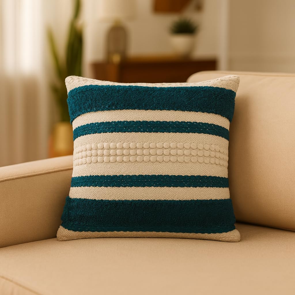 TreeWool Dekokissenbezug im Schicken Boho-Stil aus Baumwollmischgewebe mit Getufteten und Gewebten Streifen für Sofa und Wohnzimmer (45 x 45 cm, Pfauengrün und Naturcreme, 1 Stück) – ohne Füllung