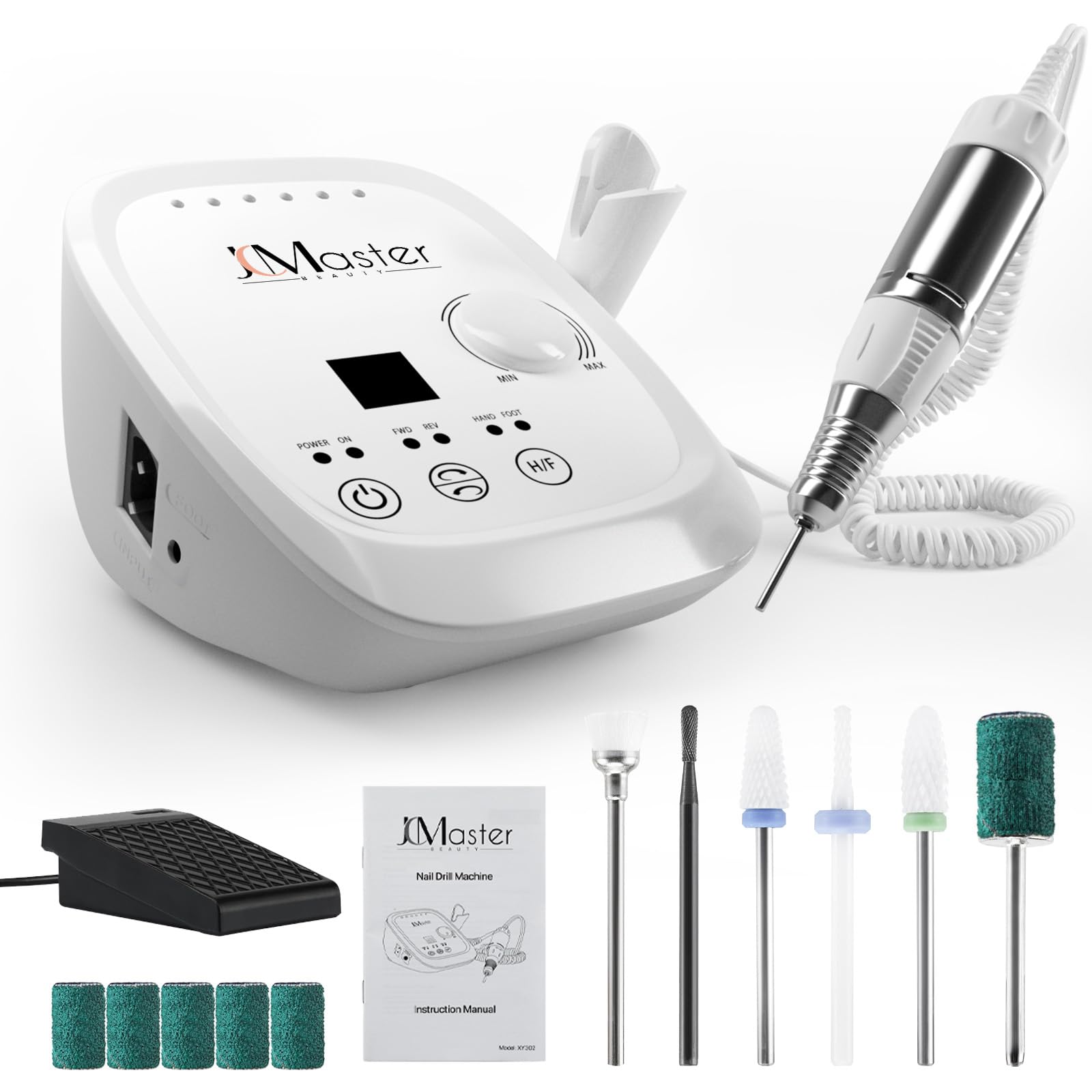 JCMASTER Ponceuse pour Ongles Professionnelle, 35000 tr/min Lime à Ongles Électrique avec Pédale + 6 Embouts Set Manucure Pédicure pour Retirer le Vernis/Gel/Cuticules