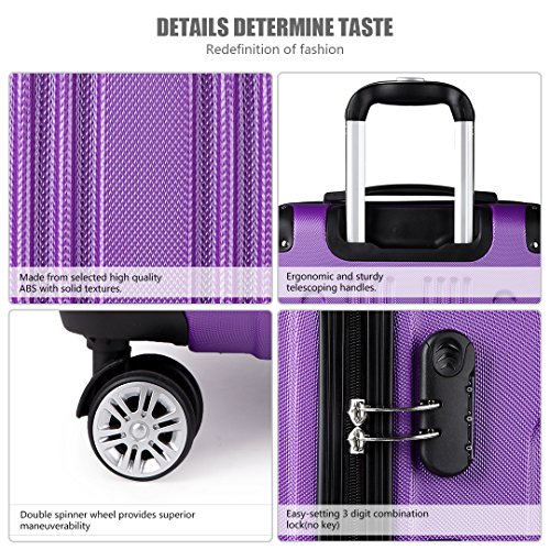 Kono ABS Light Weight Hard Shell 4 Wheel Travel Trolley koffer Bagage Set 20" Size Koffers Paars (20-inch) - Afbeelding 4