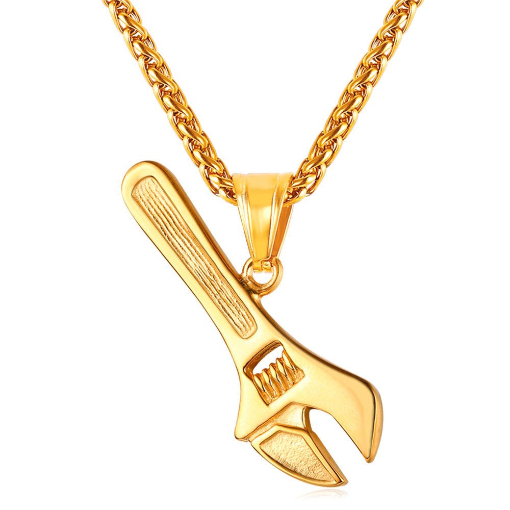 U7 Men Cool Mechanical Repair Wrench Tool Pendant 18K Stamp Chain Gold Plated Spanner Pendant Necklace