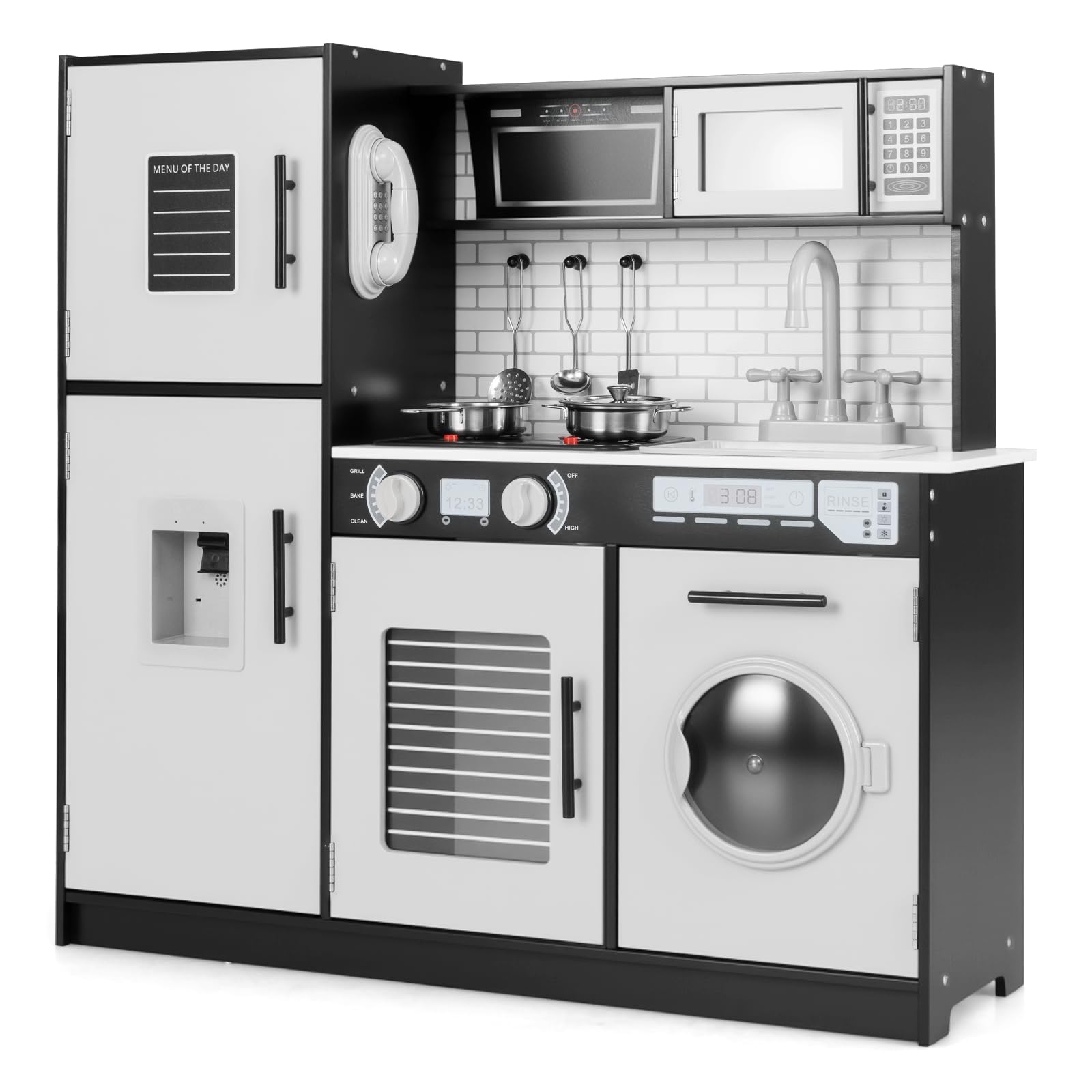 COSTWAY Kids Wooden Kitchen, Pretend Play Kitchen with Light, Sound, Oven, Washing Machine, Microwave, Water Dispenser, Telephone & Utensils, Children Chef Role Playset for Boys Girls (Grey+Black)