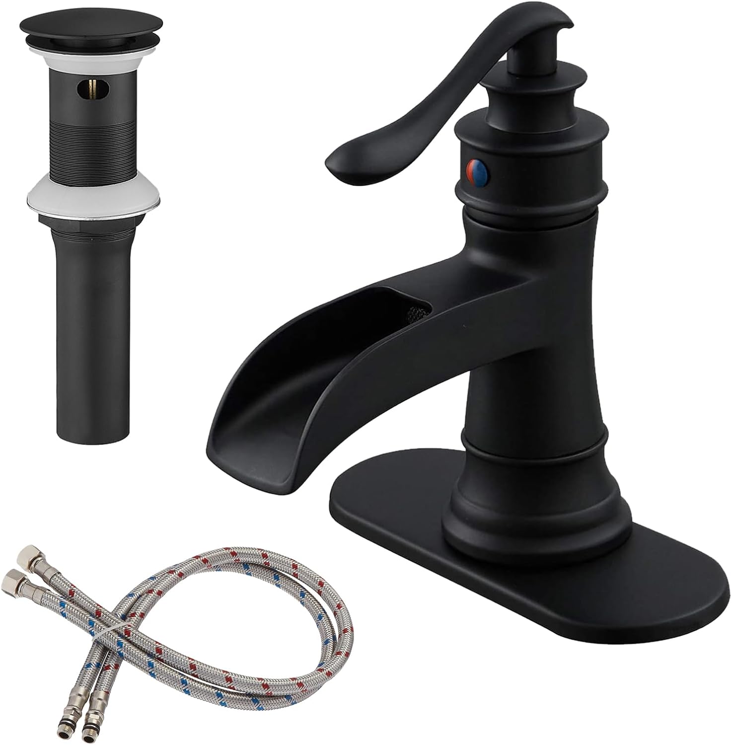 BWE Matte Black Bathroom Faucet, Waterfall Bathroom Faucet Sink Lavatory Single Hole Faucets One Handle Bath Antique with Brass Pop Up Drain Stopper Mixer Tap Overflow Water Supply Line