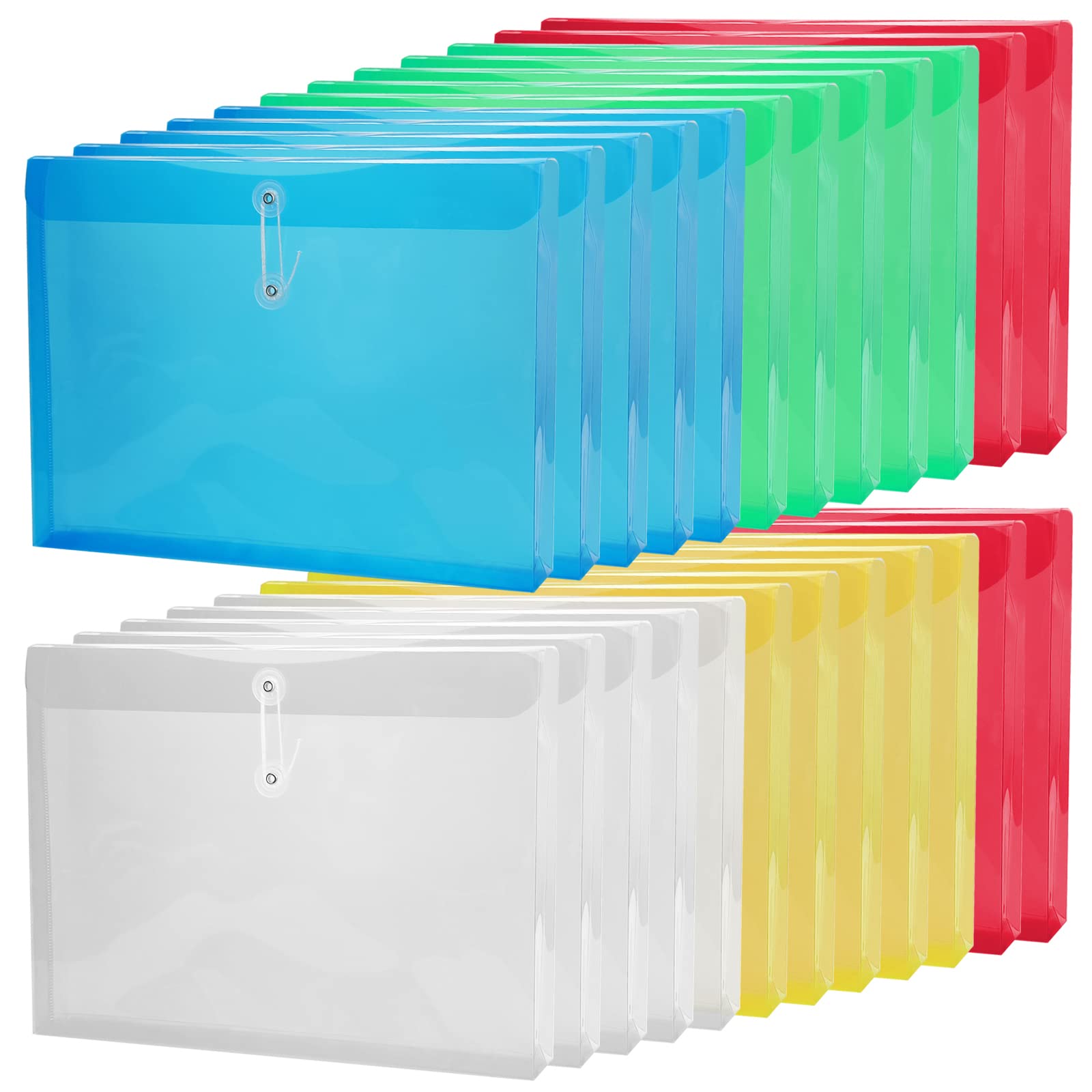 24 Packs Plastic Envelopes with String Tie Closure, Expanding Legal Size Poly Envelopes Document File Folders, Transparent File Pouch Office School Supplies, 5 Colors