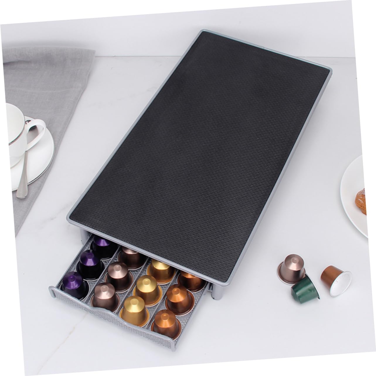 Porta Capsule Cassetto in Metallo, Organizer 40 Pezzi | Nero, Struttura Compatta e Leggera, Adatto a Cucina e Ufficio, Formato 1 Pezzo