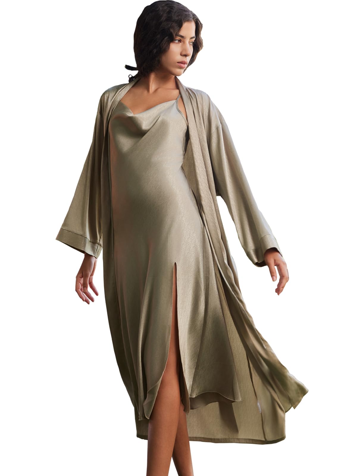 UlivaryWomen's Silk Satin Pajama Set 2 Pcs Long Robe and Slip Dress Bridal Party Sleepwear
