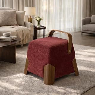 Jaico Towel Fabric Ottoman Stool with Ergonomic Wood Handle, Solid Wood Legs, Modern Contemporary (Maroon)
