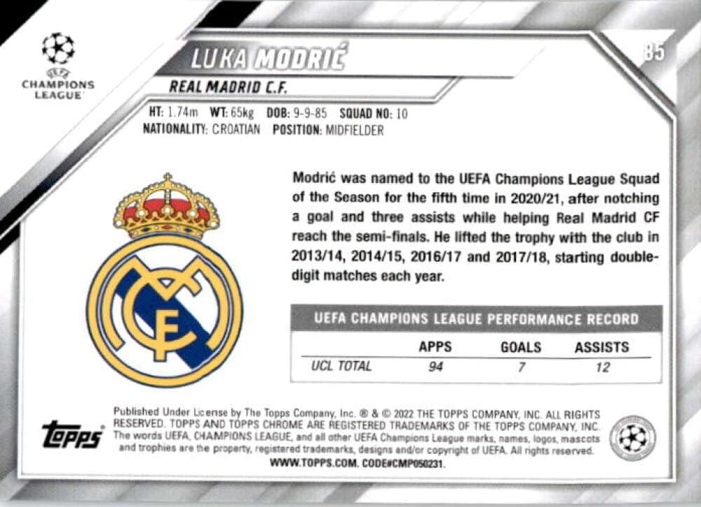 2021-22 TOPPS CHROME UEFA CHAMPIONS LEAGUE #85 LUKA MODRIC REAL MADRID CF SOCCER OFFICIAL TRADING CARD OF THE PRO