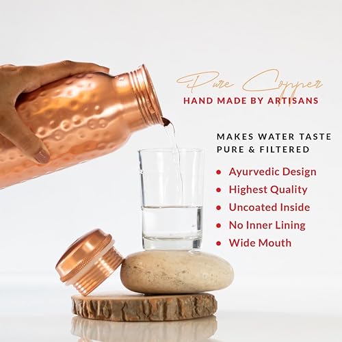 Miniatura 7 de Taluka Botella de agua martillada de cobre puro de 34 onzas33.8 fl oz con popote de cobre a prueba de fugas, recipiente para beber Ayurveda