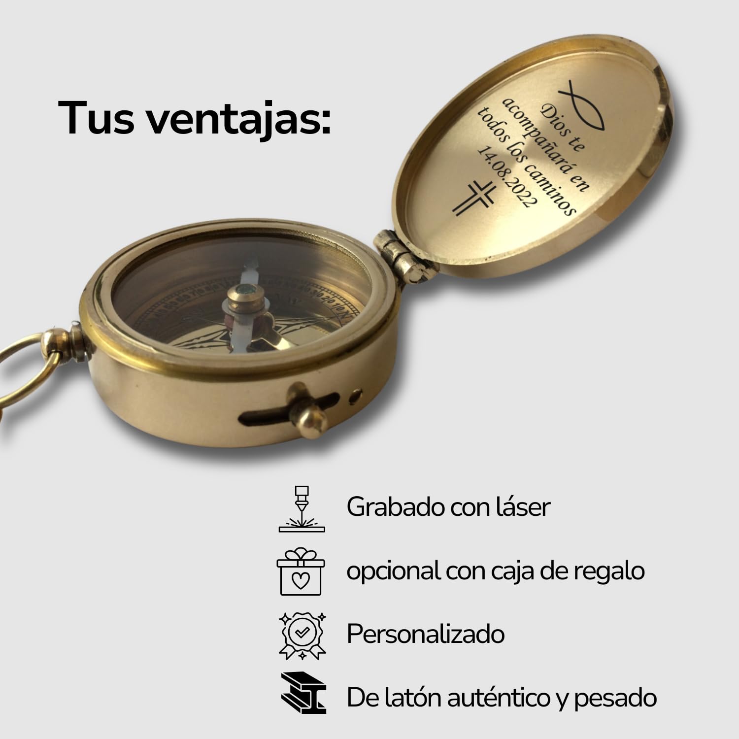 Brújula personalizada de latón pulido con grabado personalizable con tu nombre y texto en diferentes diseños, gran idea de regalo de piel en caja de madera