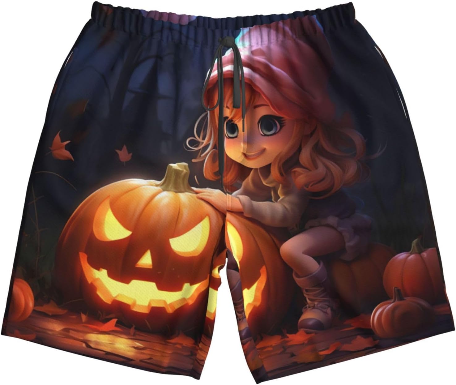 Mens Halloween Cute Pumpkin Print Beach Shorts,Casual Summer Shorts for Men,Quick Dry Polyester