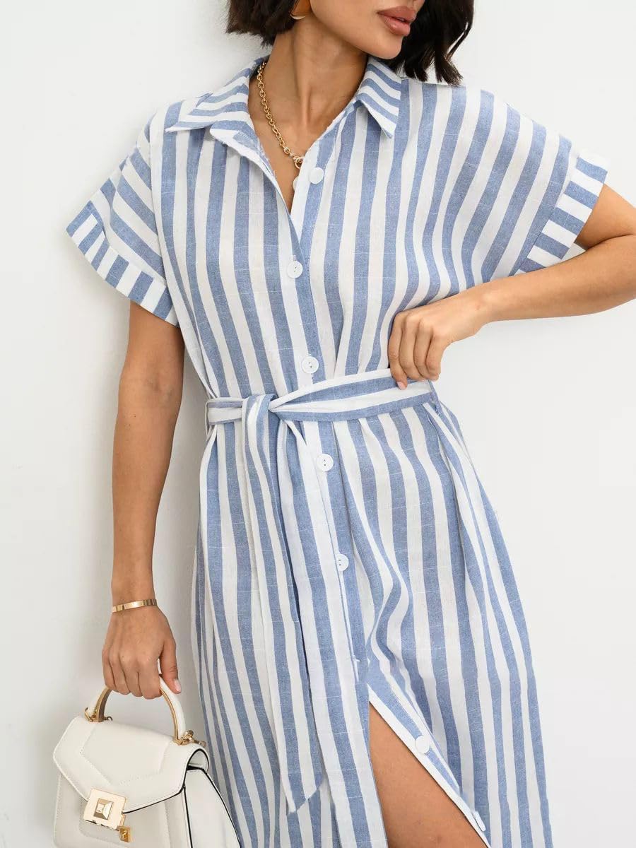 chouyatou Women's Summer Short Sleeve Striped Shirt Dress Beach Maxi Long Belted Casual Button Down Dress - Image 6