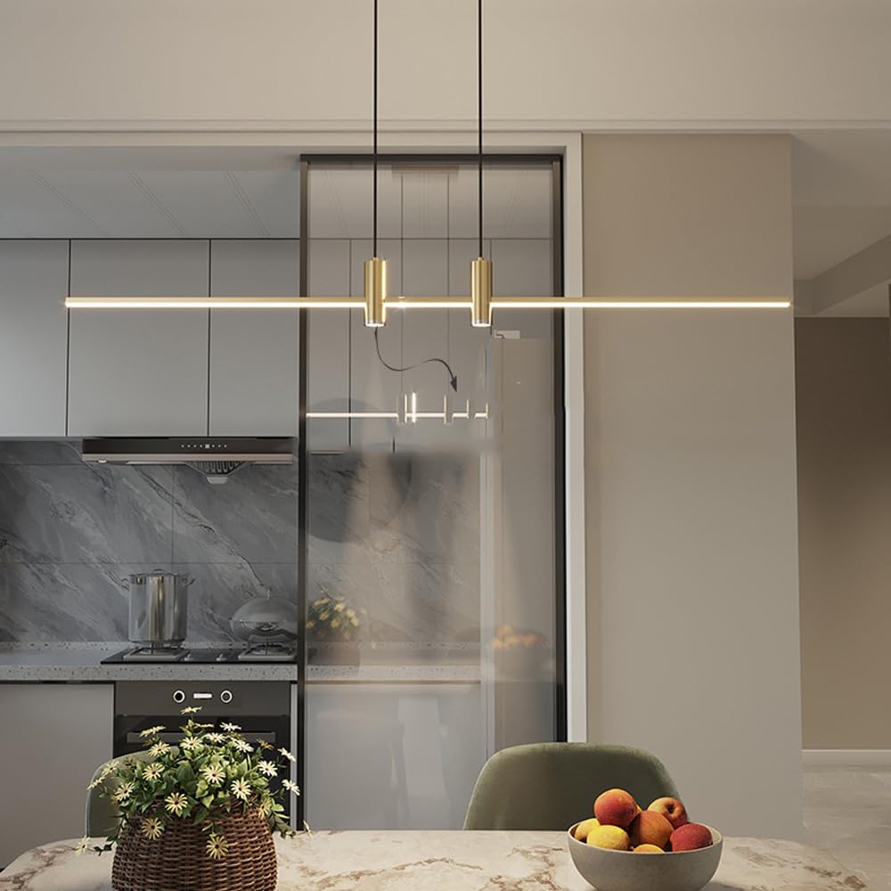 Modern Dimmable Brushed Gold LED Linear Pool Table Light Chandelier for Dining Room Kitchen Island Industrial Hanging Lamp with Black Strip Spotlight