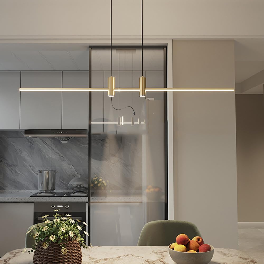 Lampadario a Sospensione LED Moderno dimmerabile Color Oro Spazzolato - Lampadario lineare Industriale per Sala da Pranzo, Isola Cucina, Tavolo da Biliardo con Design a Tubo sottil