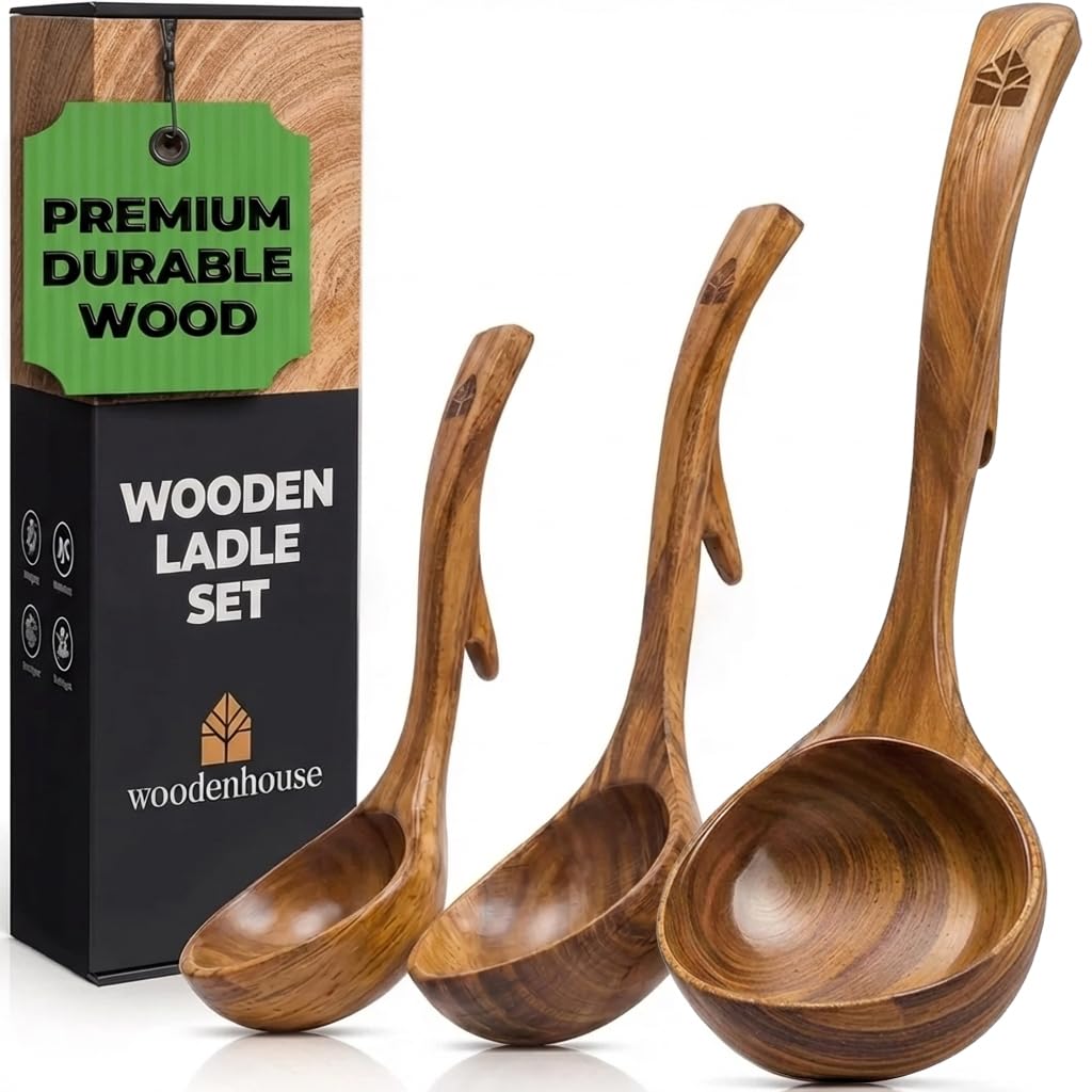 Wooden Ladle for Soup, 3 Size Teak Wood Ladle Spoon with Back Hooks