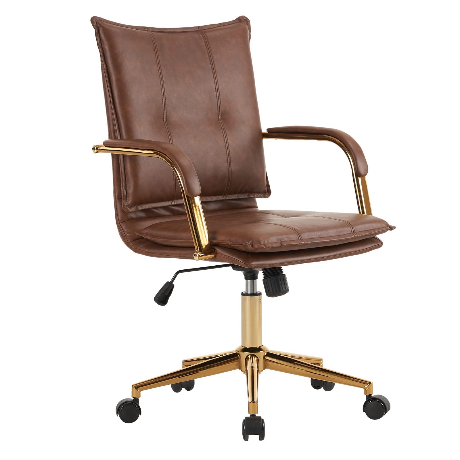 Armless Office Desk Chair, Mid-Back PU Leather Computer Task Chair with 360 Degree Swivel Wheels, Adjustable Height, Tilt Function (Brown1)