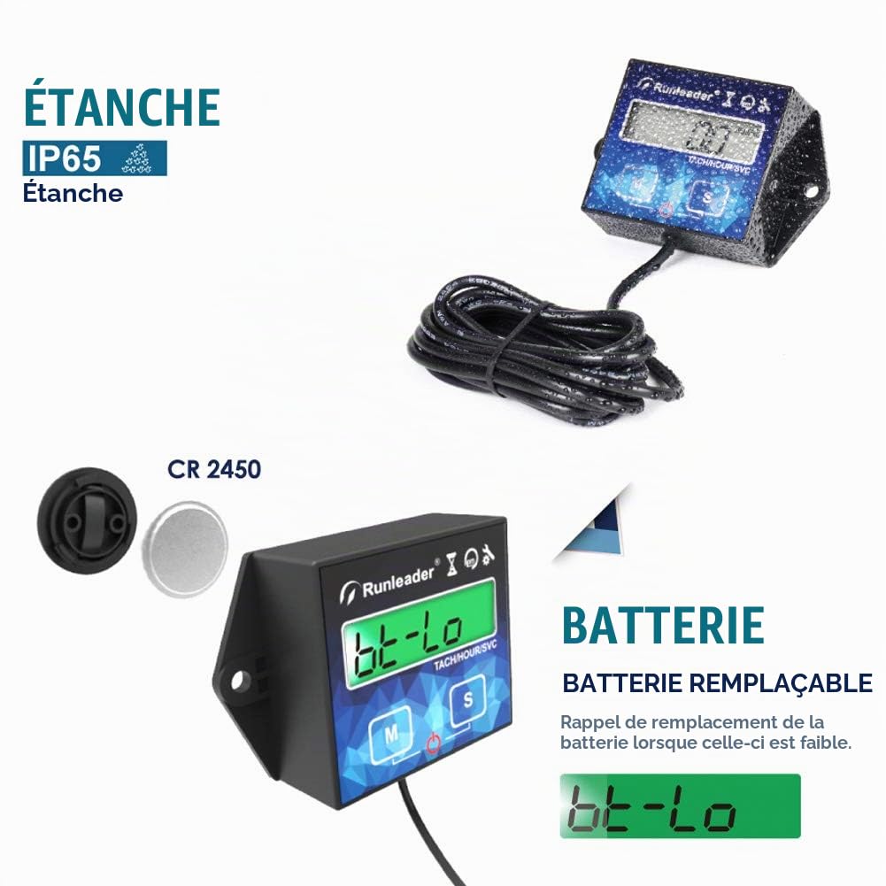 Compteur horaire du moteur rétro-éclairage Tachymètre inductif Compteurs d'heures Tacho numérique Rappel d'entretien pour moto Planeur marin ATV Souffleuse à neige Tondeuse à gazon jet ski pit