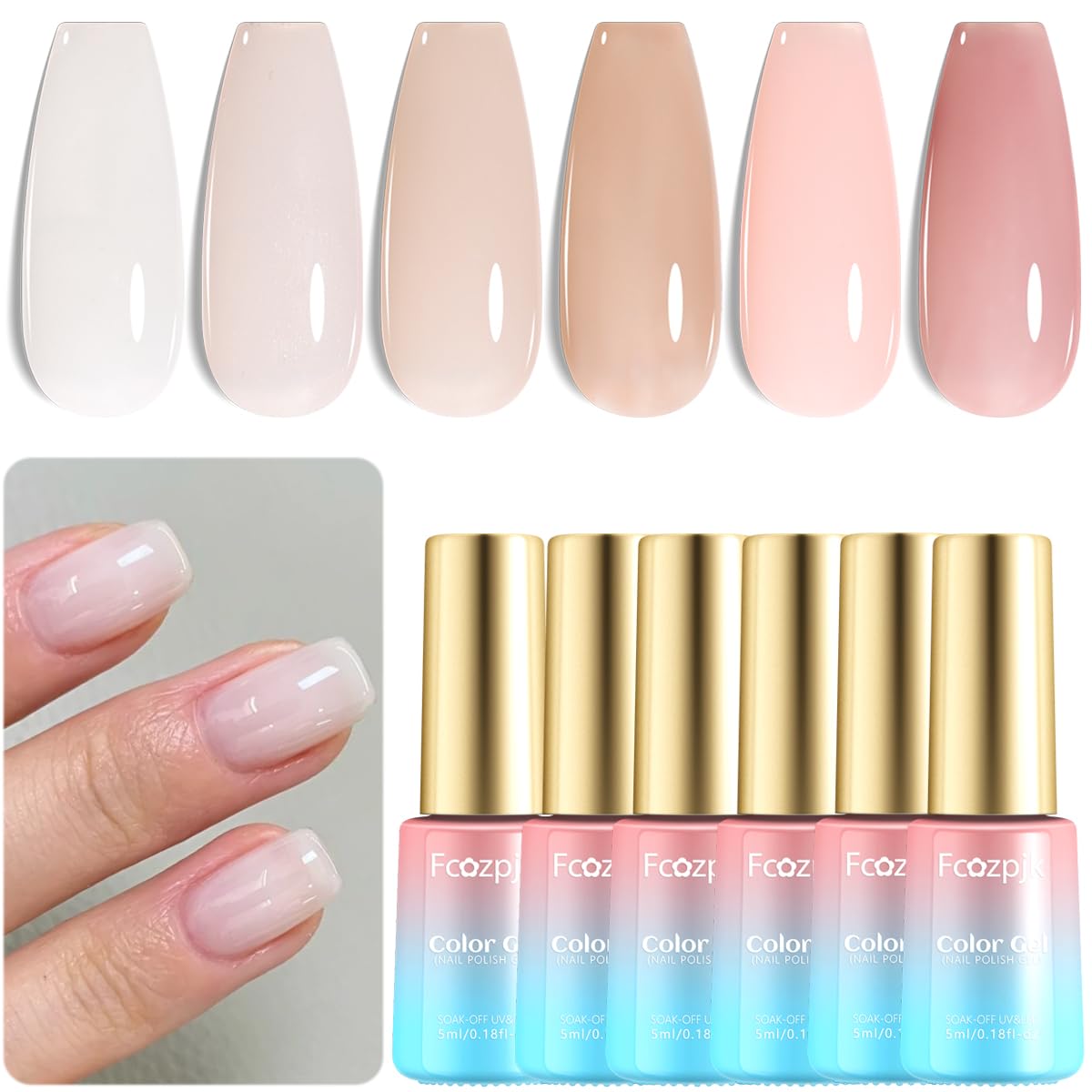Fcozpjk Jelly Gel Nail Polish Set 6 Colors Translucent Nail Gel Kit with Top & Base Coat Neutral Pink Nude Brown Milky White Nail Gel Polish Soak Off