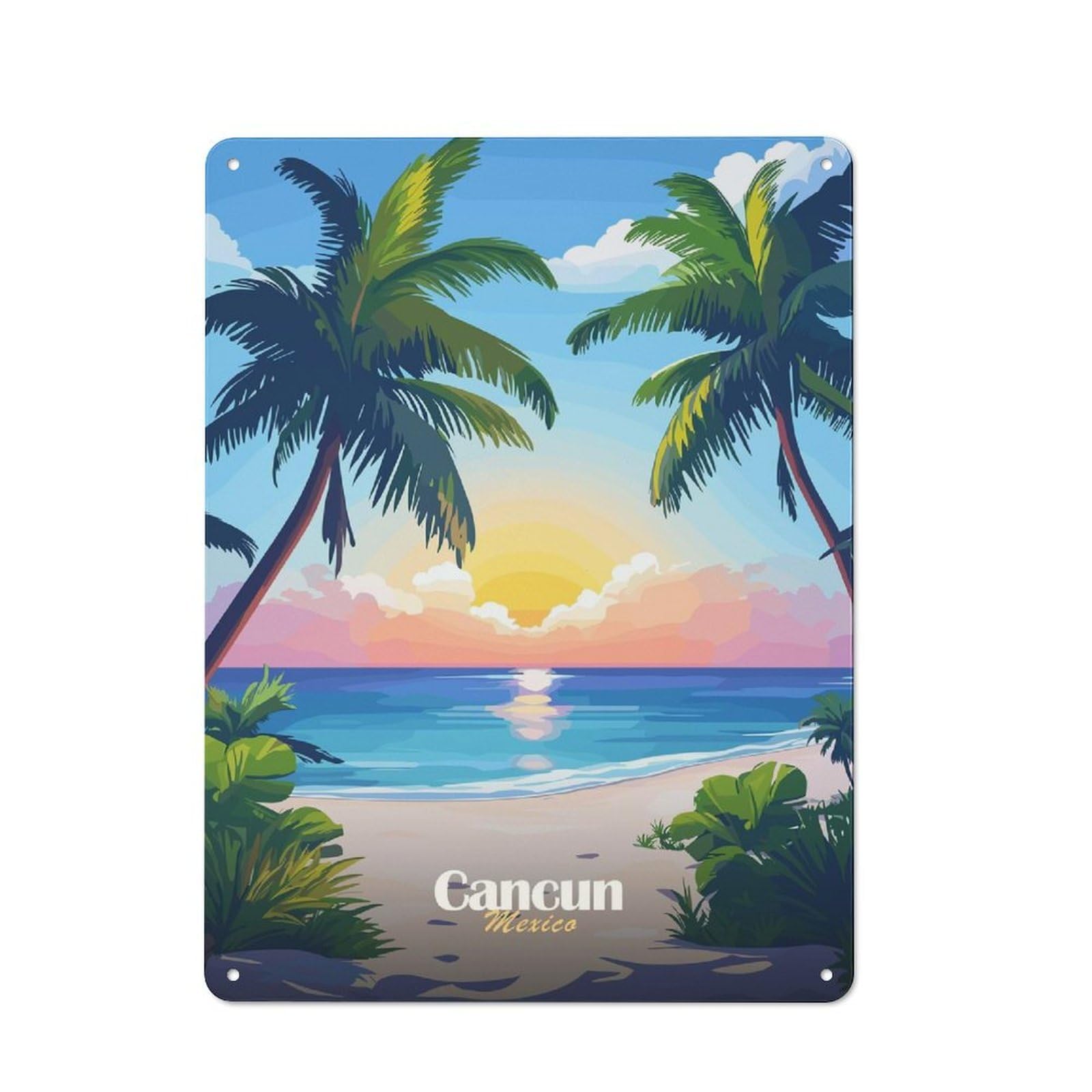 Metal Wall Plaque with Cancun Sunset Beach Design 40x30cm, Retro Room Wall Plaque for Home, Shop, Pub Or Studio Wall