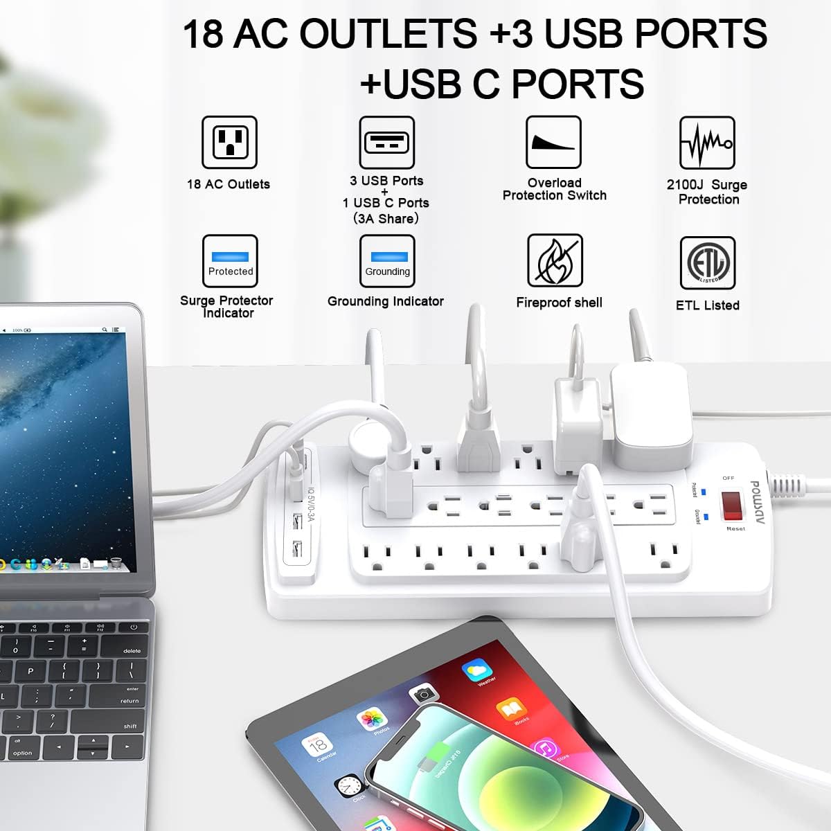 18 Outlets Surge Protector Power Strip - 20 Feet Flat Plug Heavy Duty Extension Cord with 18 Widely Outlets and 4 USB Ports, 2100 Joules, White, ETL Listed - Image 2