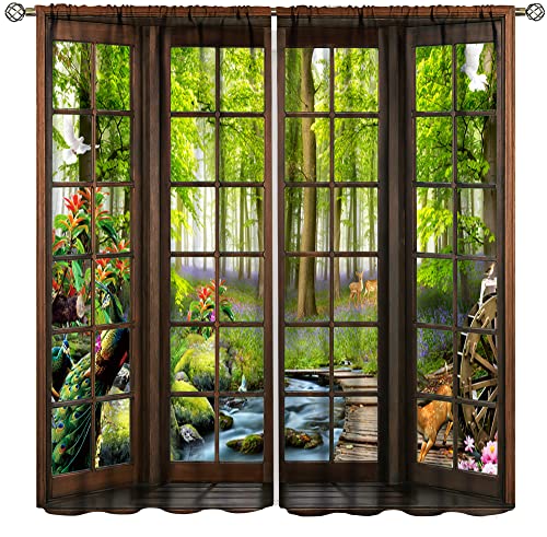 AuiMzoo Landscape Curtains, 3D Window Spring Forest Wildlife Nature Scenery, Bedroom Living Room...
