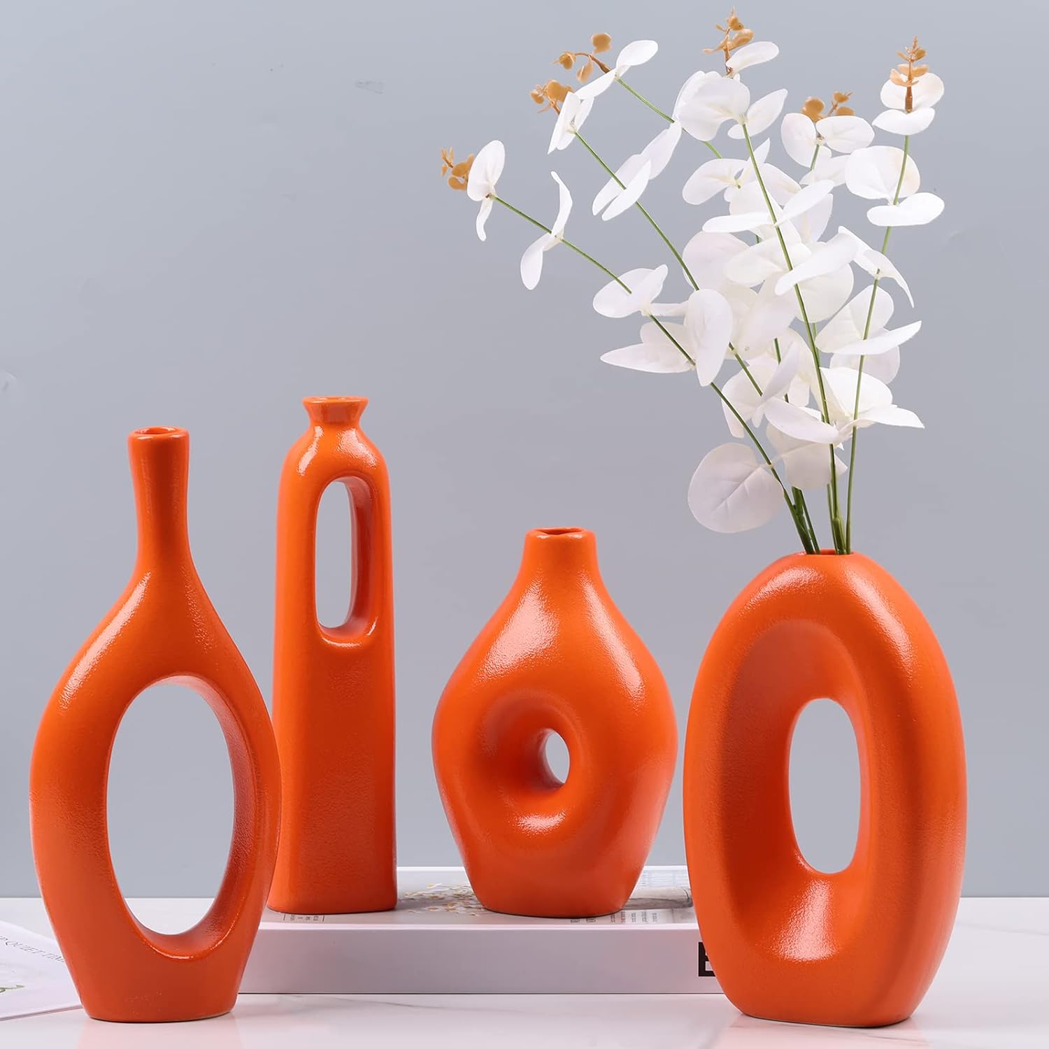 Amazon.com: Orange Ceramic Vase Set of 4, Home Decor Circle Hollow ...