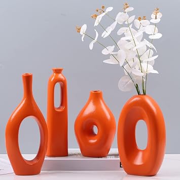 Orange Ceramic Vase Set of 4 Modern Boho Round Hollow Vases for Pampas Grass, Flowers or Greenery Small Minimalist Vases for Living Room, Mantel, Coffee Table, Entryway or Bookshelf Decor