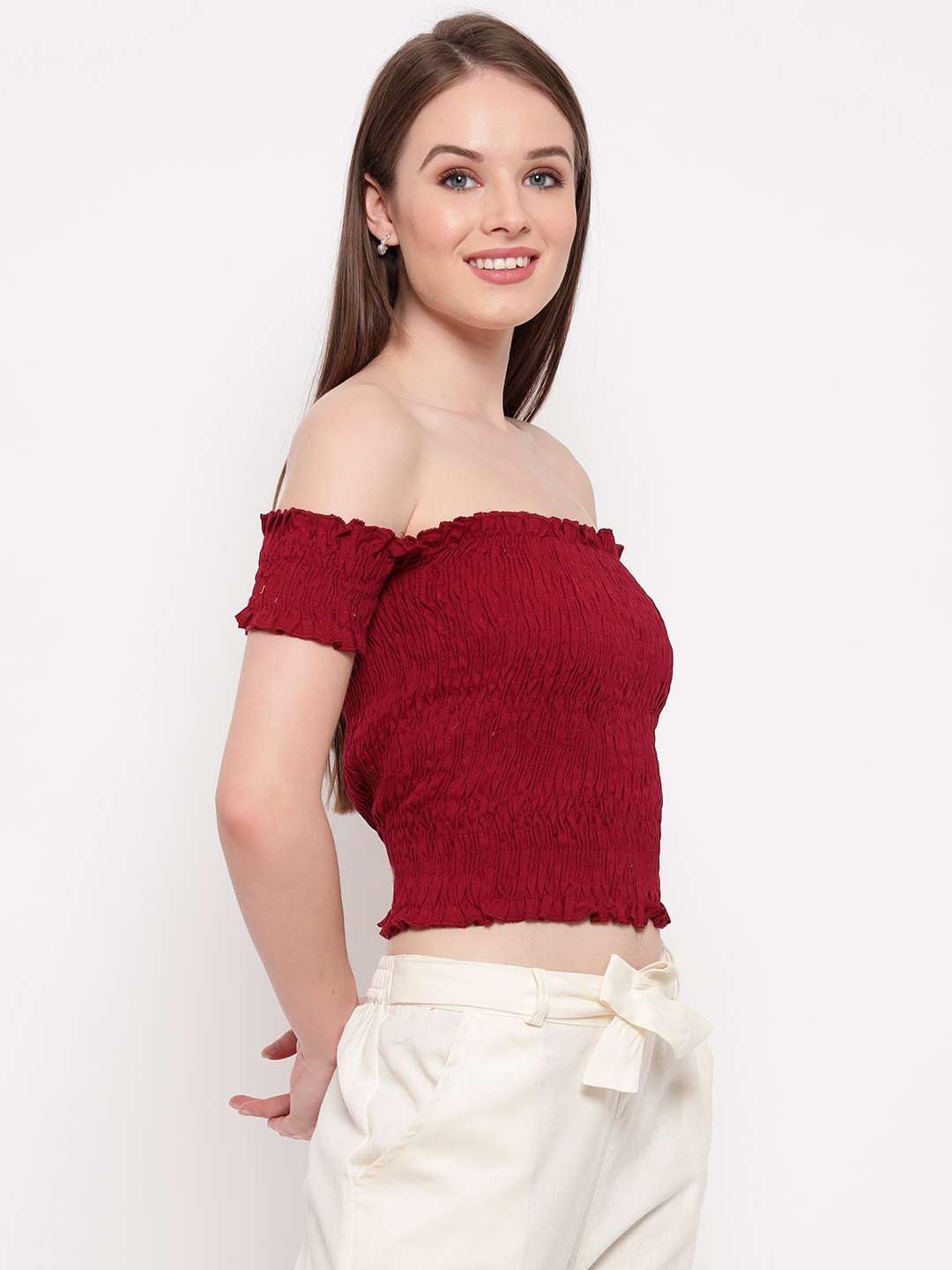 Bigdave Women's Rayon Solid Off-Shoulder Smocked Crop Top Short Sleeve Casual Styles Tank Top (Free Size) Multi23