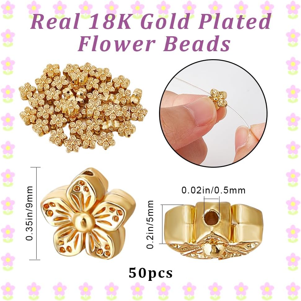 Beebeecraft 50Pcs 0.35 Inch Small Flower Beads 18K Gold Plated Brass Loose Beads 0.5mm Hole Flower Spacer Beads Loose Beads Findings for DIY Bracelet Necklace Jewelry Making - Image 2
