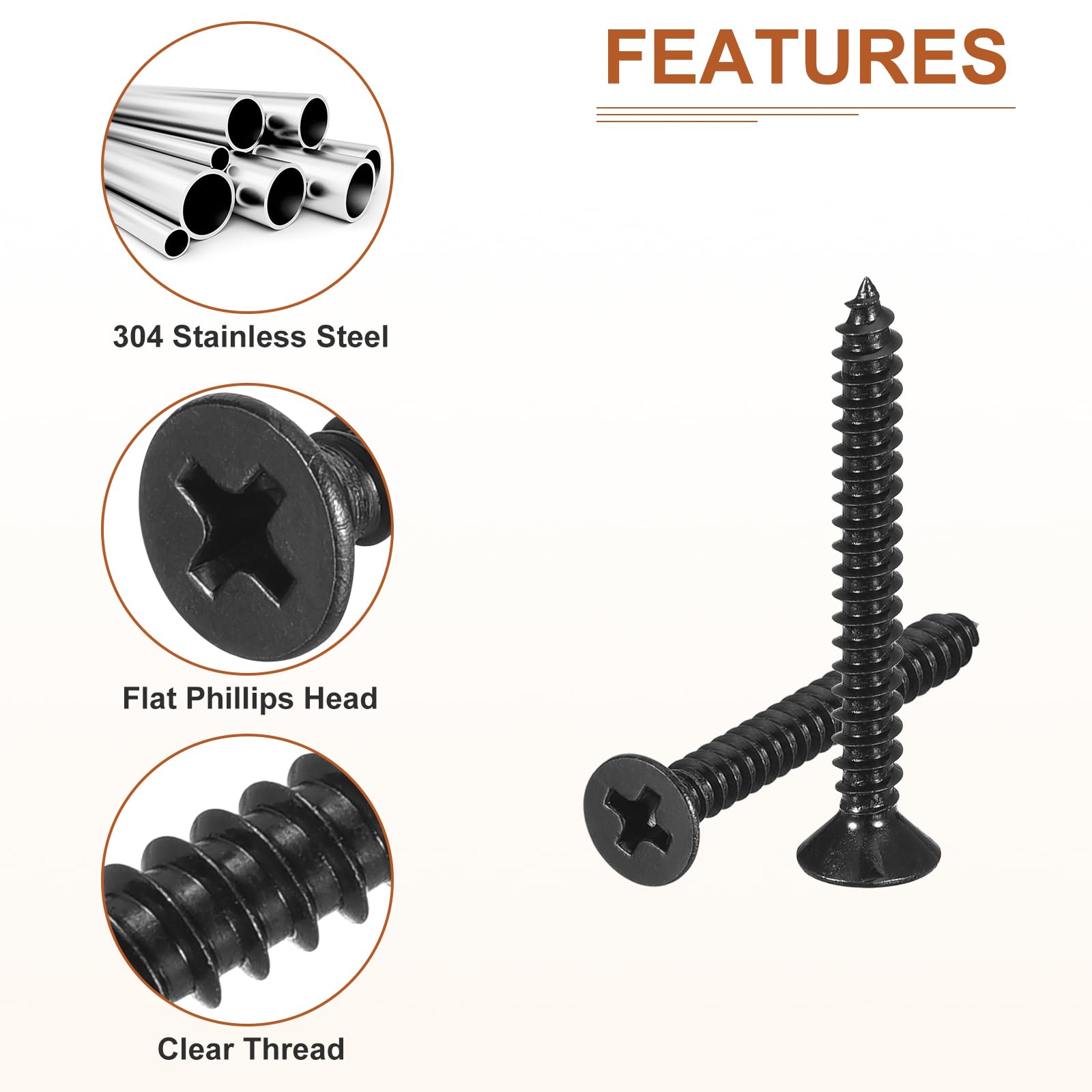 DTGN 100Pcs #6x1-1/4" Flat Head Wood Screws, 304 Stainless Steel Phillips Self Tapping Screws - Good for Woodworking Furniture - Black - Image 4