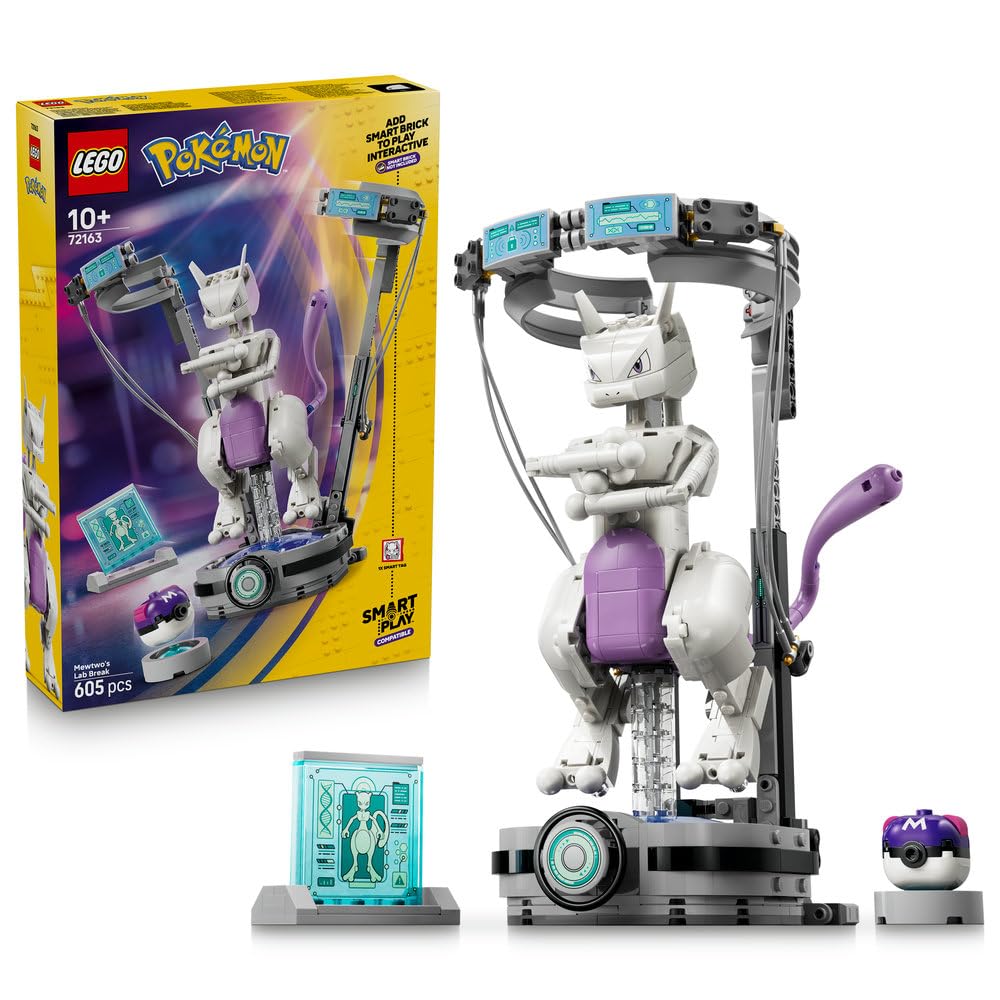 LEGO Pokémon SMART Play: Ucieczka z laboratorium Mewtwo 72163 | Interaktywna zabawka z figurką Pokémona z klocków, zestaw kompatybilny, prezent dla dzieci 10+, 1 SMART Tag, 605 elementów