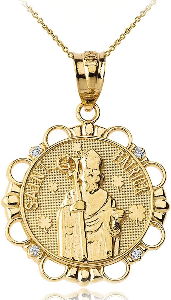 Elegant 14k Gold Round Saint Patrick Patron of Irishmen Diamond Medal Pendant Necklace