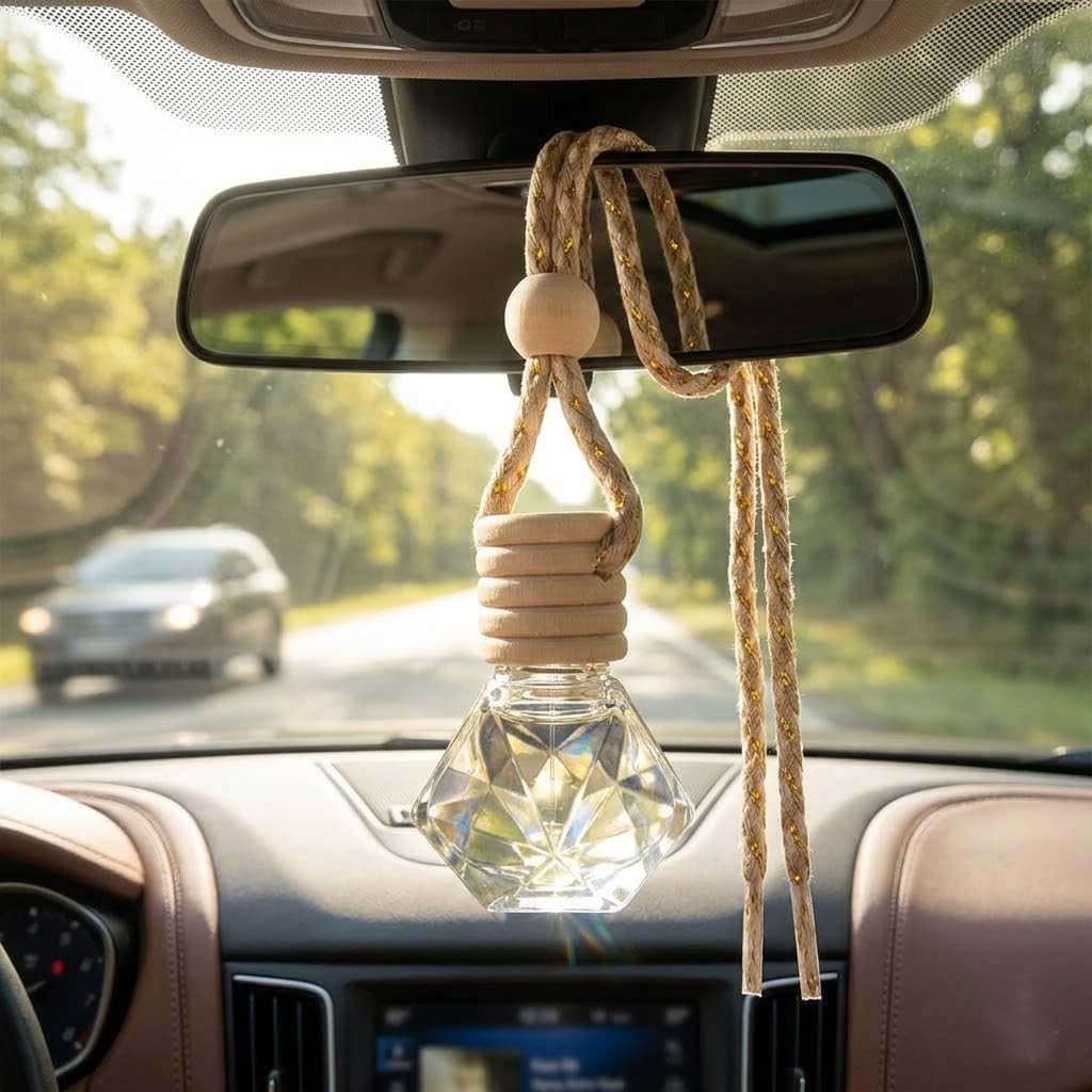 Premium Car Perfume Hanging Pod - Lavender,Rose (Fasli Gulab)|Aromatherapy car diffuser|Lasts upto 30 days||COMBO 2 PACK|Natural Fragrance Oils in Glass Bottle with Wooden Diffuser Lid