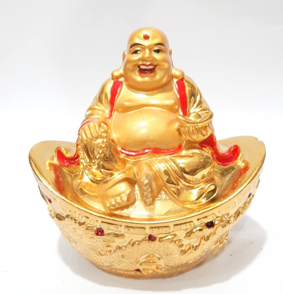Money Vastu Fengshui Stone handicrafts Gifts Collection Happy Man Laughing Buddha Sitting ON Gold Ingot Yuan BAO for ATTRACTING Abundance Wealth Financial Prosperity Good Luck