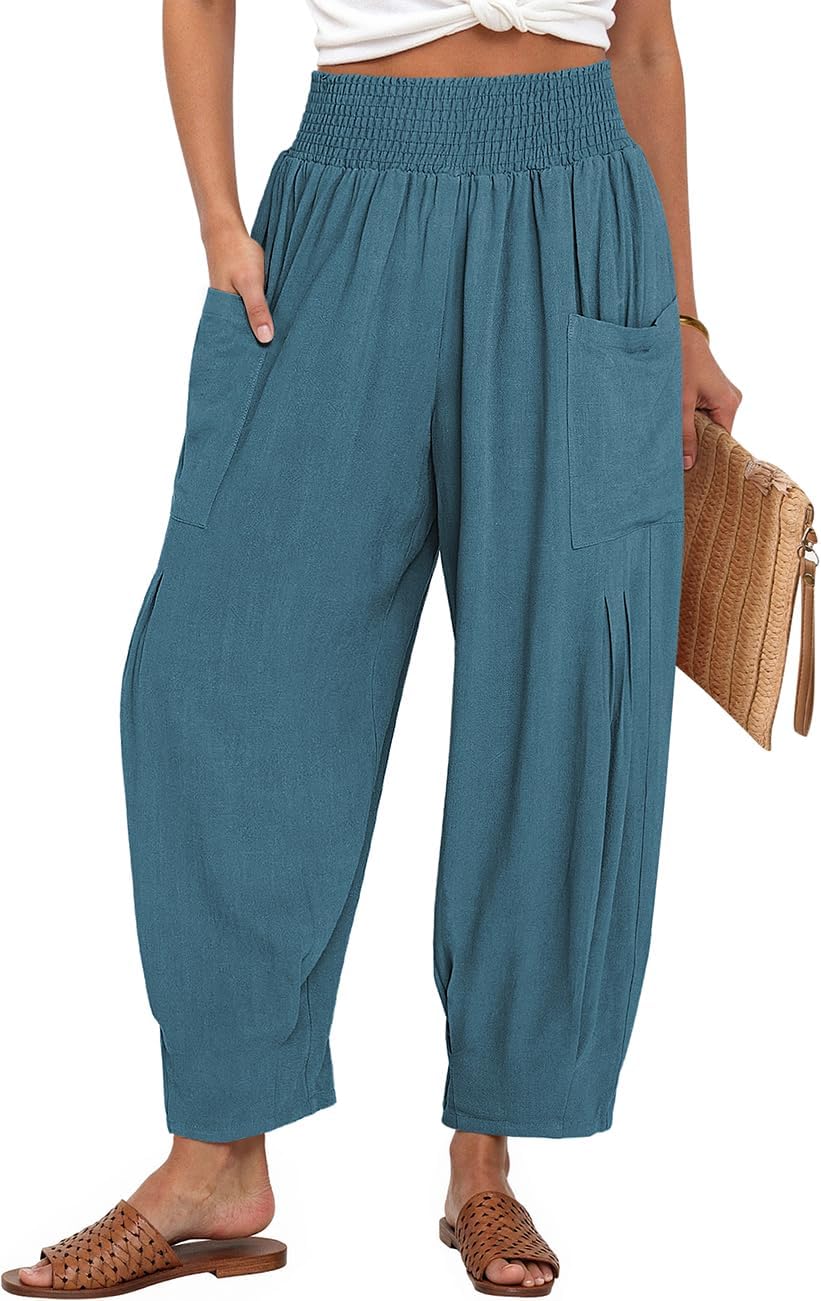 TARSE Women Linen Boho Pants Summer Casual Loose High Waist Cargo Lounge Harem Pant 2025 Beach Travel Vacation Outfits Lake Blue Large