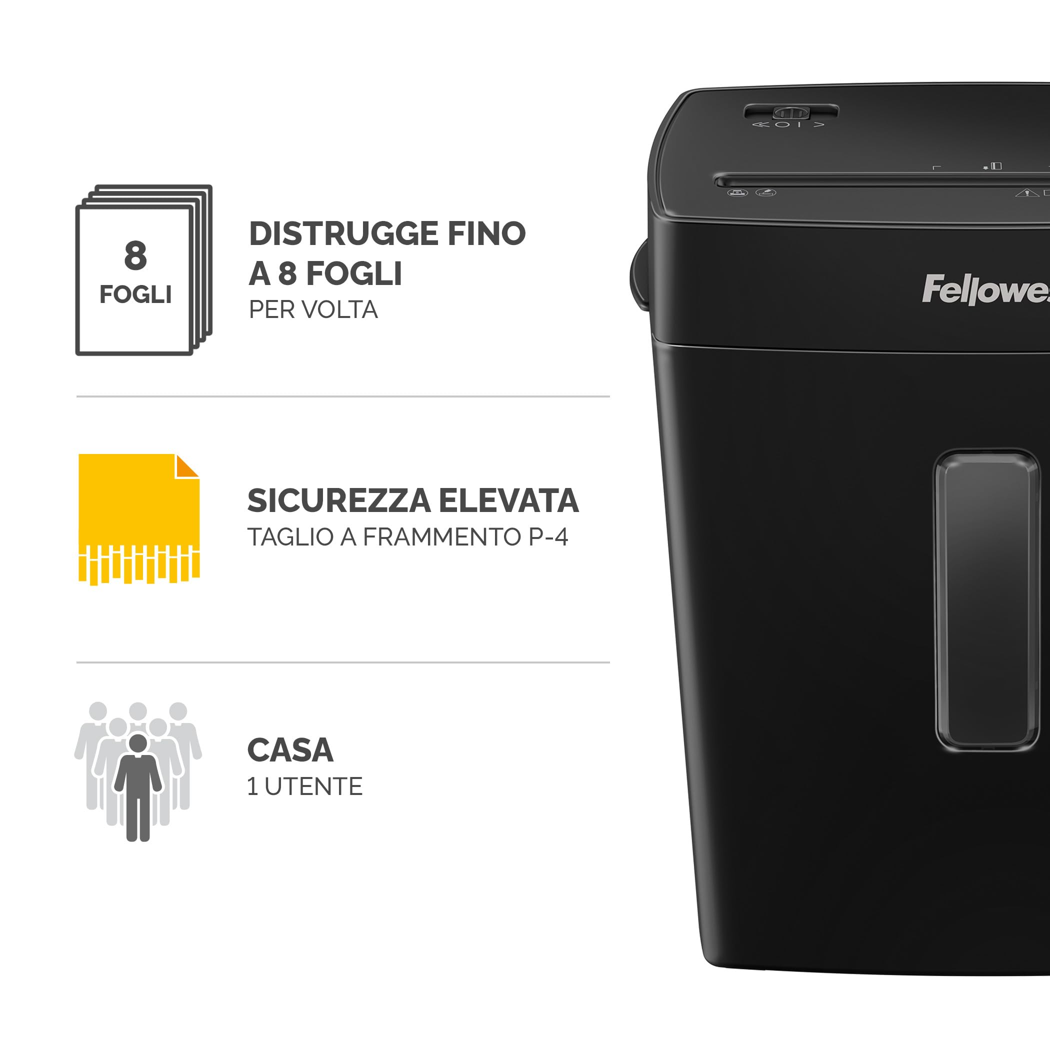 Fellowes Distruggi documenti a frammento FS-8C, 8 fogli, per casa e piccolo ufficio, nero [ESCLUSIVA AMAZON] + Olio per Distruggi Documenti, 120ml - Olio Lubrificante con Beccuccio