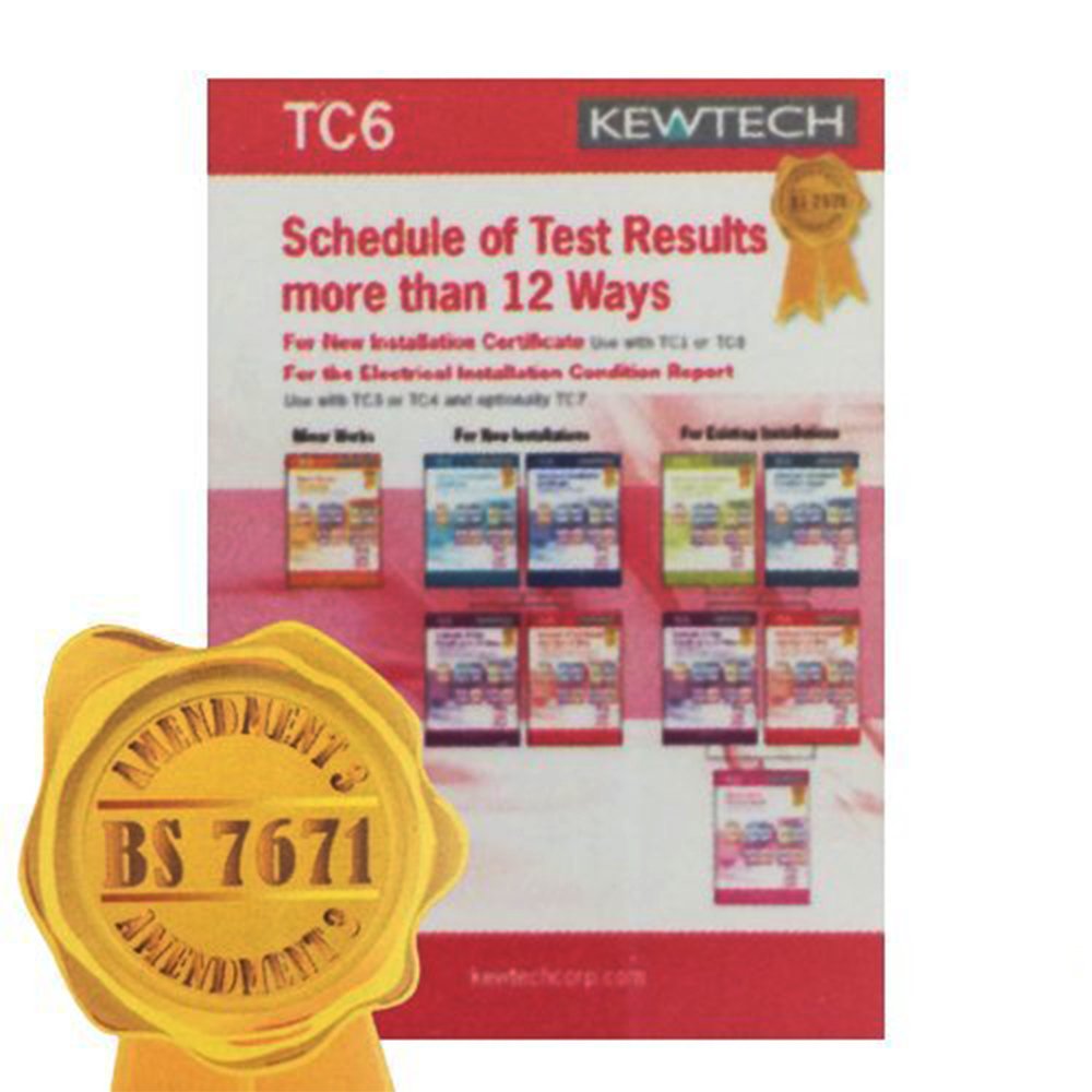 Kewtech Tc6 - Amendment 3 Compliant Schedule Of Test Results Up To 36 Ways Book, Contains 20 Certificates (2 Pages Per Certificate) With Copies For Customer & Contractor Use, For New Installations Use With Tc1 Or Tc8, For Existing Installations, Use With Tc3 And Tc4 And Optional Tc7