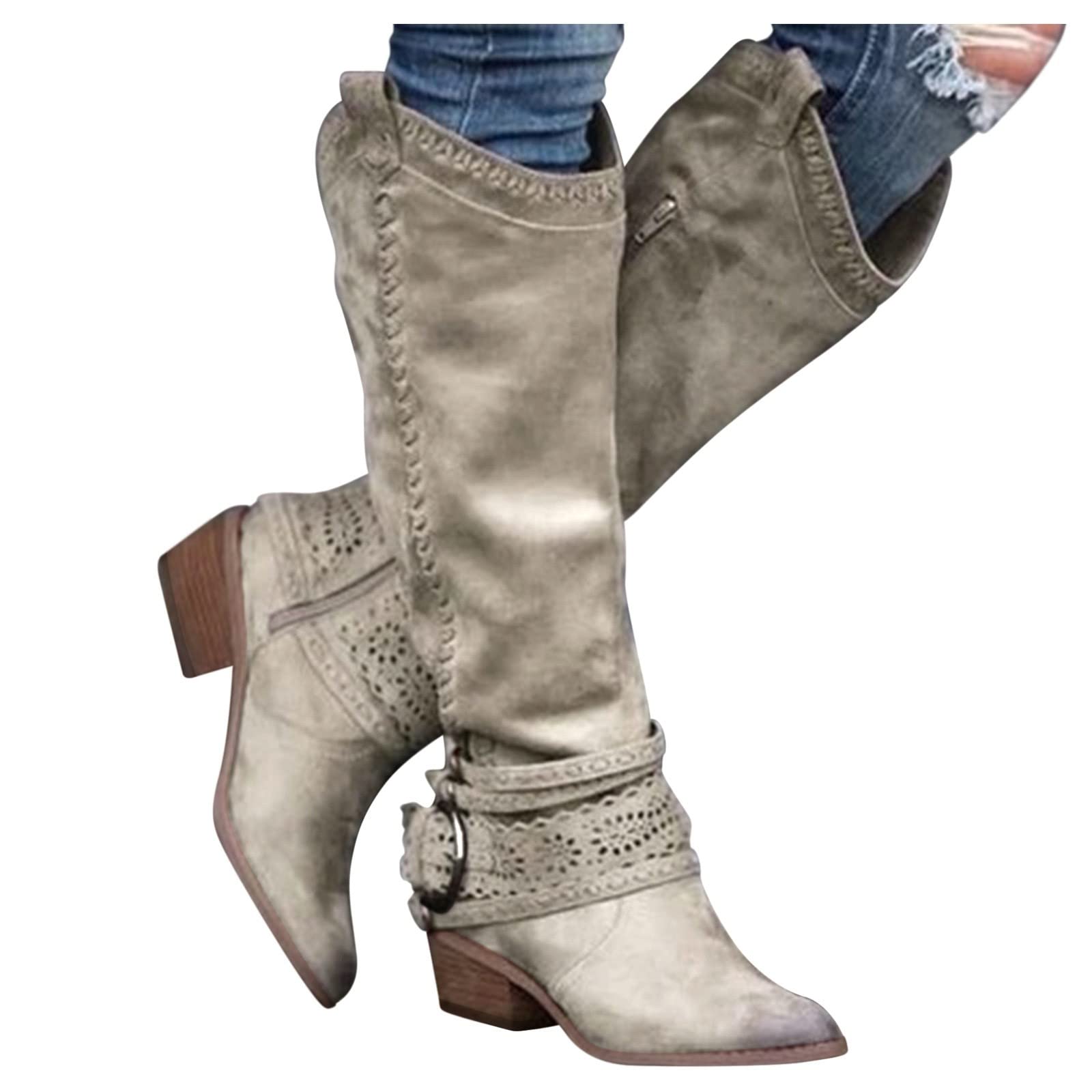 Stivali Donna Invernali, Scarpe Cowboy Western Donna Ginocchio da Bassi, Stivali Vintage Punta Affusolata con Cinturini e Fibbie, Cuoio di Suede, Stivali Lunghi Eleganti Vintage per Autunno Inverno