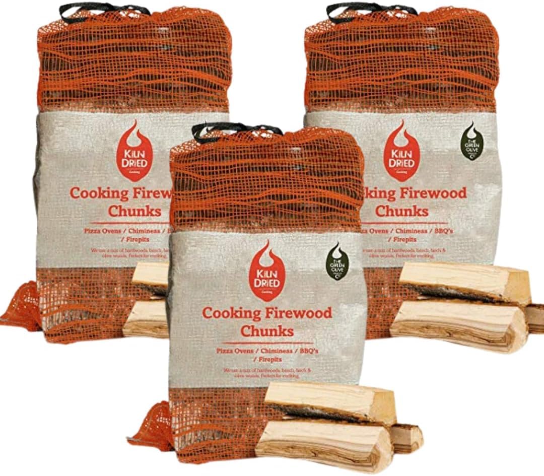 Green Olive Firewood - Cooking Firewood Logs - Kindling Wood Fire Logs - Restaurant Grade Fire Wood ready to burn for Pizza Oven, bbq, Campfire, Outdoor fireplace & More - bbq wood - 18Lx3