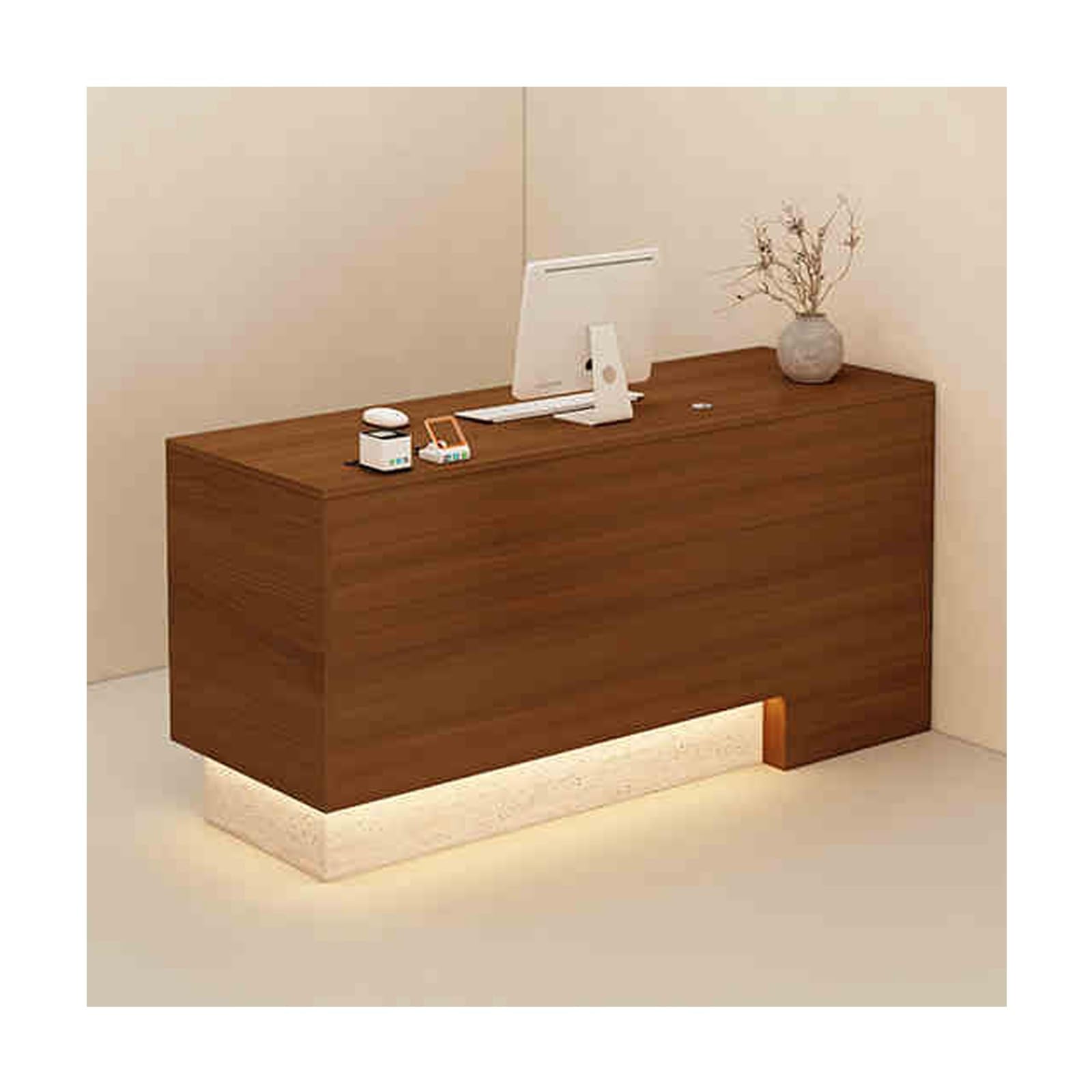 Moderner Empfangstresen mit abschließbarer Schublade, stilvoller Walnuss- und Travertin-Tresen für Büros, Salons und Einzelhandelsräume, professionelles Aussehen und Design
