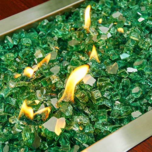 GRISUN 20 lbs Green Fire Glass for Fire Pit, 1/2 Inch High Luster Reflective Fire Pit Glass for Natural or Propane Fireplace, Fire Table, Safe for Outdoors and Indoors Tempered Glass Rocks