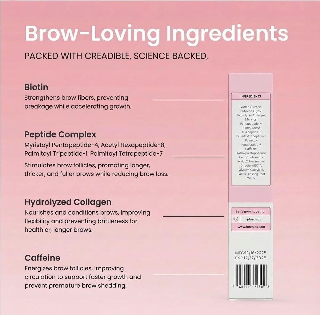 Eyebrow Growth Serum by ForChics - Natural Brow Thickening Treatment with Peptides and Biotin- Hormone-Free, Vegan and Cruelty-Free- Fuller Brows in 2 Weeks- 0.10oz/3ml